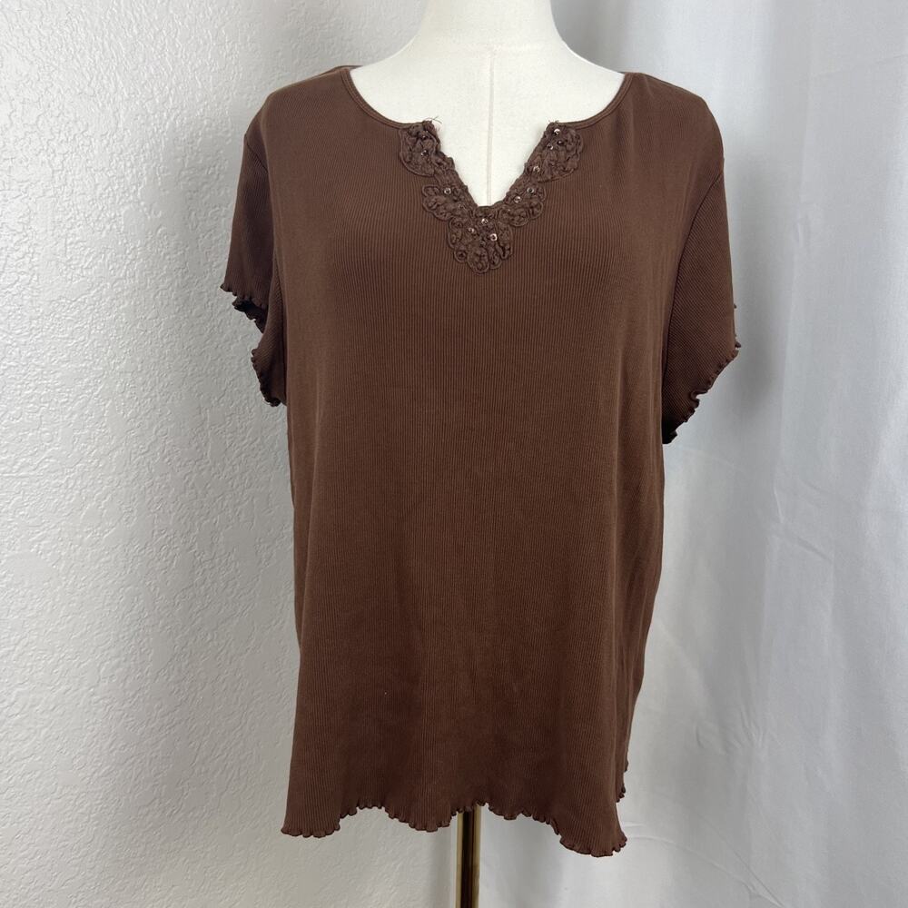 VTG Faded Glory Top Womens 22/24W Brown Ribbed Lettuce Hem Fairygrunge Y2K Boho